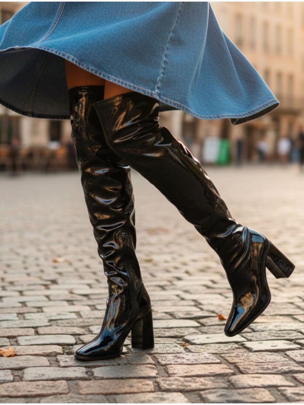 Over-The-Knee Black Patent Leather Block Heel Boots